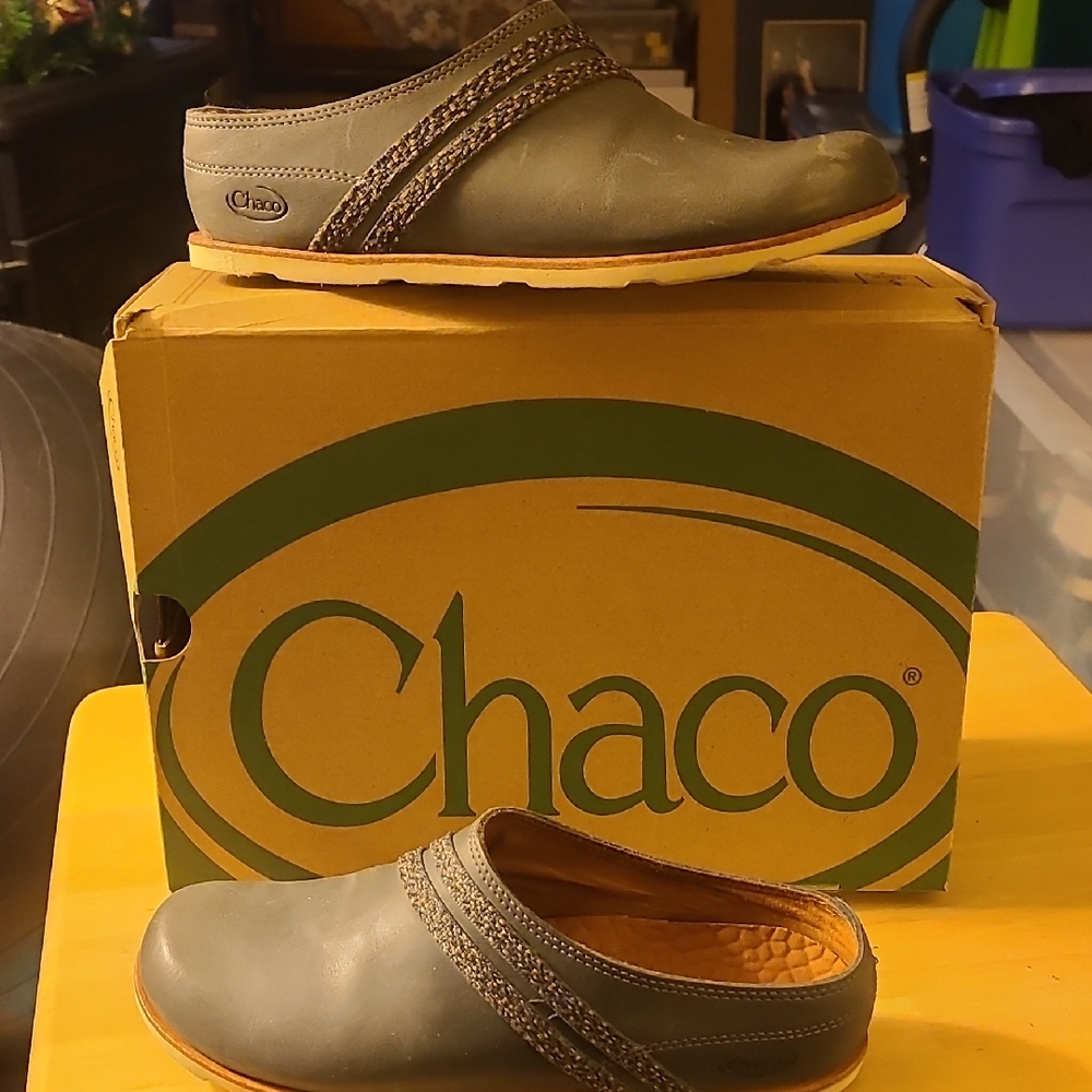 Chaco Olive Mules with Light Brown Sole